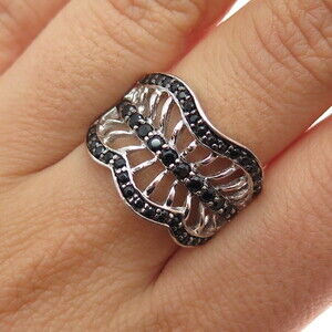 SAMPLE 925 Sterling Silver Real Round-Cut Black Spinel Modernist Ring Size 8